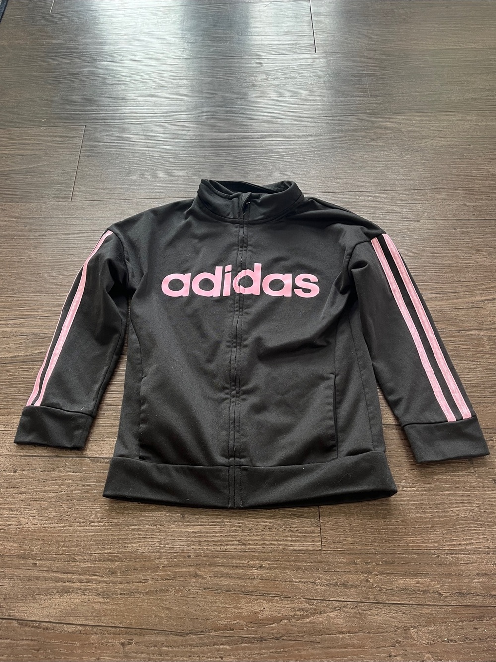adidas Girl’s Black Jacket with Pink Logo & Stripes Size 6x